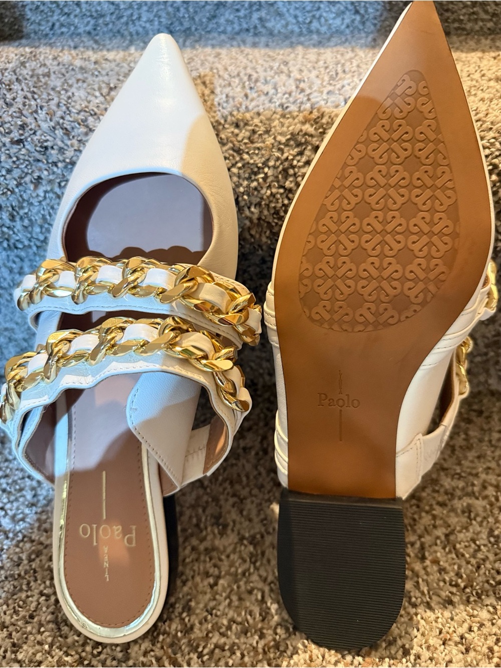 NEW Linea Paolo Leather Mules Size 9 Ivory Pointed Toe Slip On Gold Detail